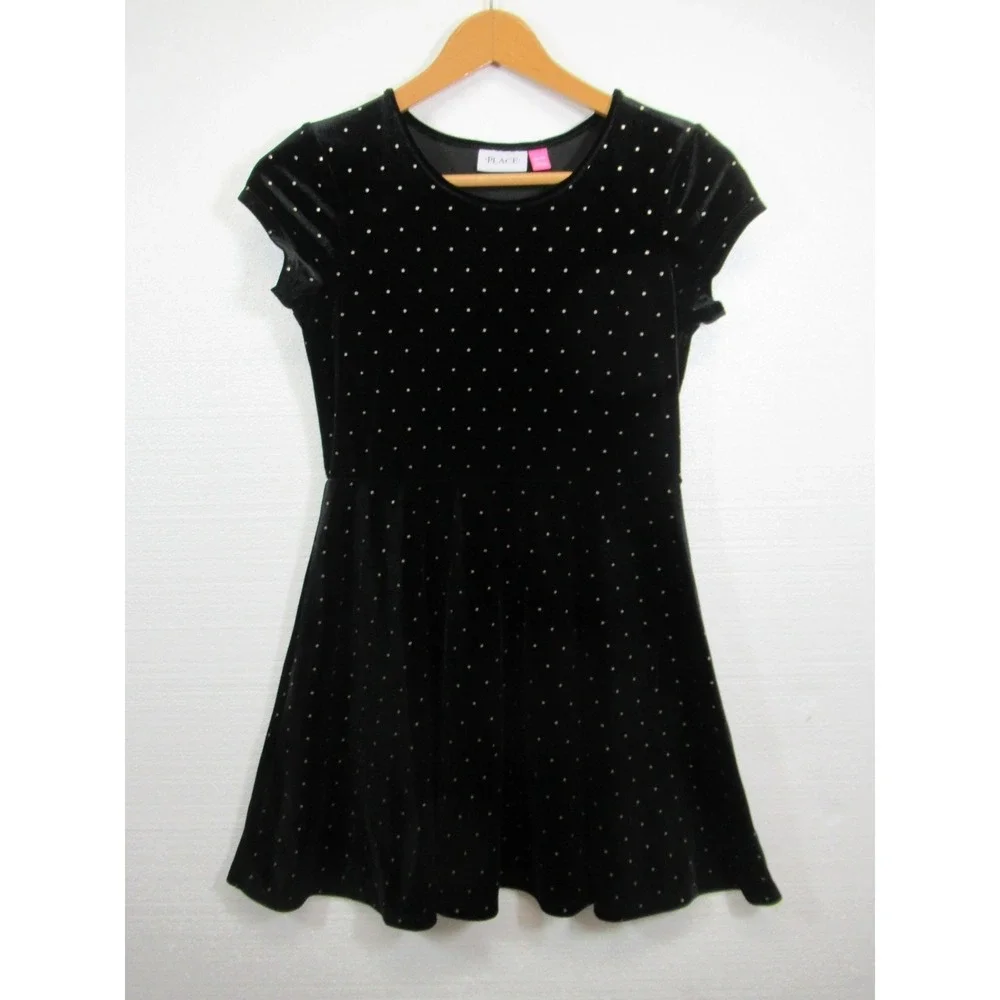 The Children's Place Polka Dot Velvet Skater Dress Girls XL 14 Black